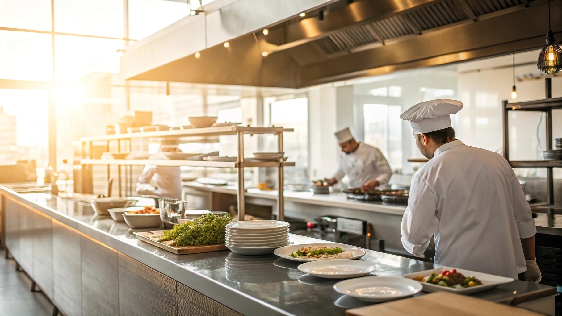 Professional kitchen with chefs